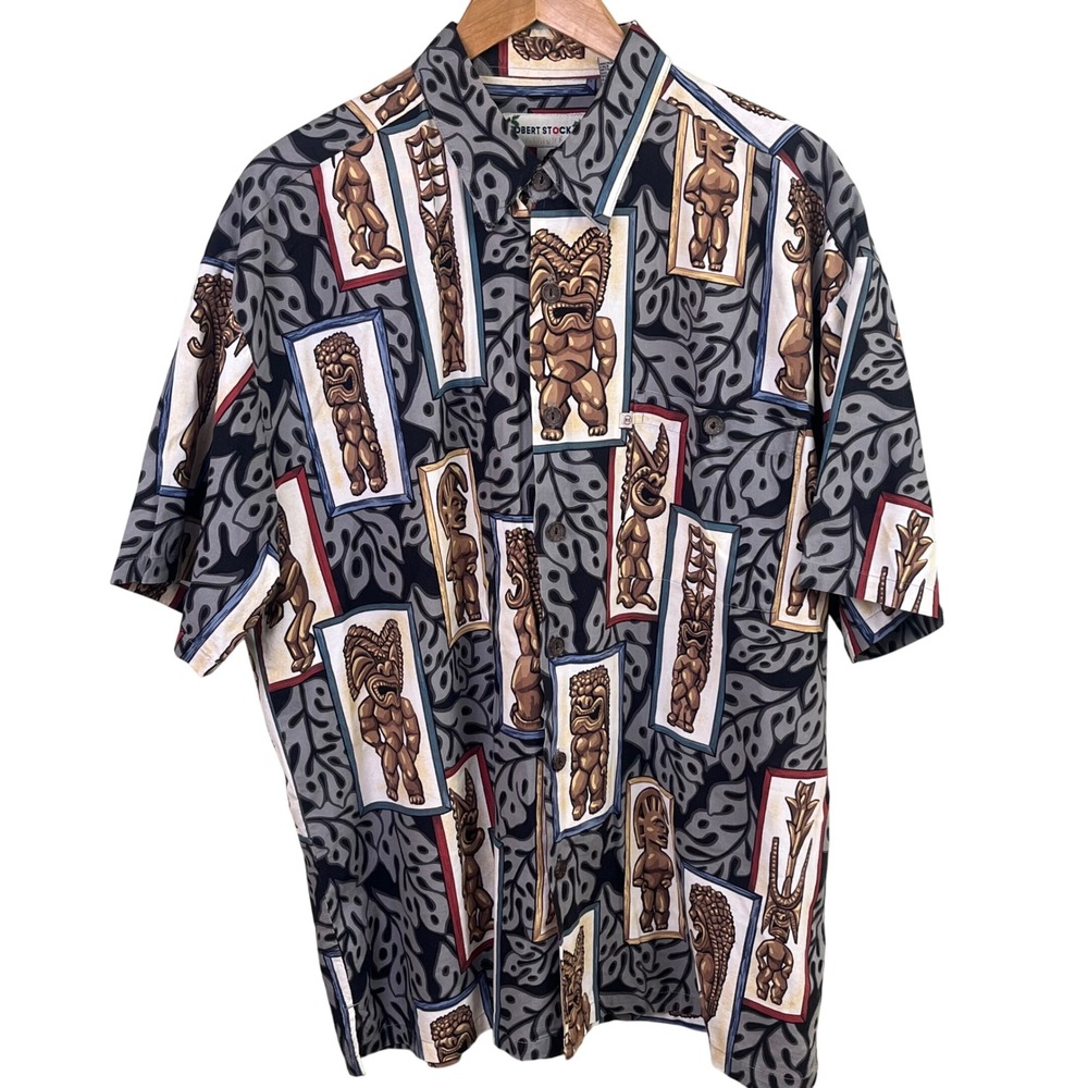 Robert Stock Hawaiian Tiki Graphic Resort‎ Aloha Short Sleeve Button Shirt Large